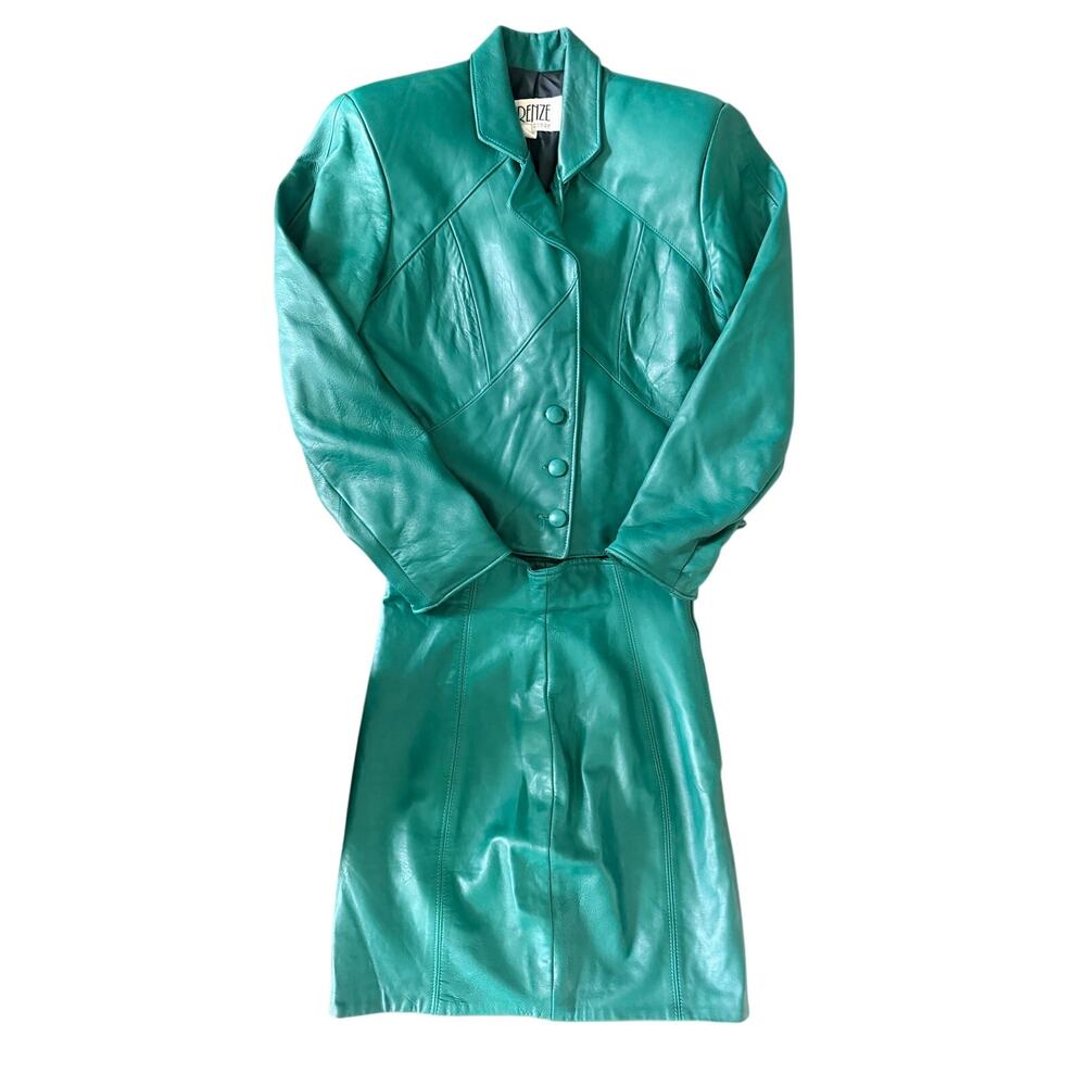 Firenze Santa Barbara Green Leather Jacket Size Medium & Skirt Set Size 8